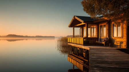 A serene lakeside cabin bathed in warm sunrise light, offering a tranquil escape with stunning reflections on calm water. Perfect for a peaceful retreat.の素材