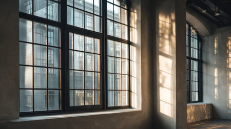 A modern interior featuring large industrial windows that allow bright sunlight to illuminate the space, creating soft shadows on concrete walls, enhancing minimalistic design.の素材