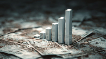 A 3D representation of a bar graph placed atop scattered cash notes, symbolizing financial growth and success in business investment strategies.の素材