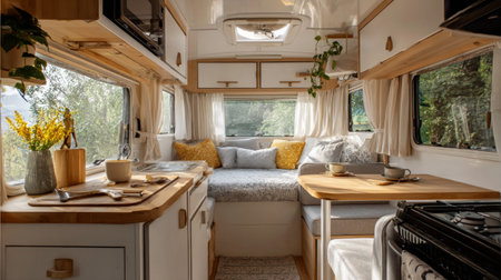 Experience the charm of a modern camper van interior, featuring cozy furnishings, warm colors, and natural light, perfect for adventures and relaxation in nature.の素材