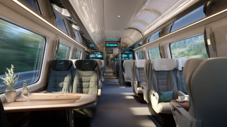 Experience the elegance of modern train travel with this luxurious carriage interior, featuring stylish seating and expansive windows for breathtaking views.の素材