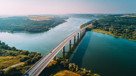 This stunning aerial photograph captures a bridge gracefully spanning a serene river, surrounded by lush green hills, highlighting the beauty of nature and human engineering.の素材