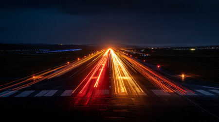 A captivating long exposure image of an airport runway at night, showcasing vibrant light trails from vehicles against a dark sky, creating a dynamic and beautiful scene.の素材