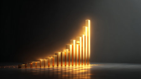 A stunning golden bar graph symbolizes financial growth and success against a dark background, representing achievements in business, investment, and economic progress.の素材