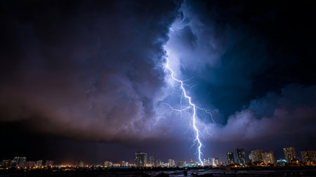A stunning lightning strike flashes over a city skyline during a dramatic night storm, showcasing the raw power of nature against an urban backdrop.の素材