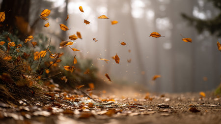 A mesmerizing scene of golden leaves swirling in the autumn wind amidst a misty forest path, evoking tranquility and the beauty of nature's seasonal change.の素材