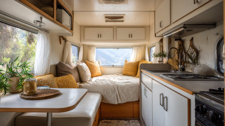 Explore the serene interior of a cozy camper van, showcasing soft textiles, warm colors, and a welcoming atmosphere for travelers seeking adventure and comfort.の素材
