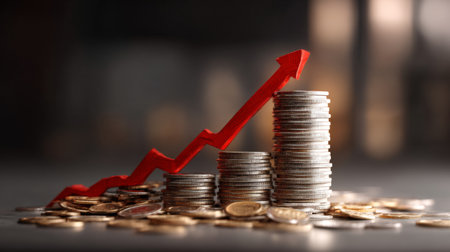 A visual representation of financial growth featuring stacks of coins and an upward red arrow. Ideal for concepts related to economics, investments, and wealth management.の素材