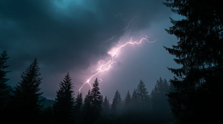 A striking image capturing a bold lightning bolt cutting through dark storm clouds above a serene forest of pine trees, creating an atmospheric and moody scene.の素材