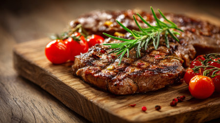 A beautifully grilled beef steak garnished with fresh rosemary and vibrant cherry tomatoes, presented on a rustic wooden cutting board, perfect for food lovers.の素材