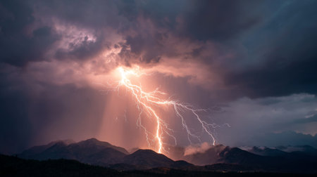 A breathtaking view of a lightning bolt striking the mountains during a thunderstorm, showcasing the raw power of nature with dark storm clouds and illuminated landscape.の素材