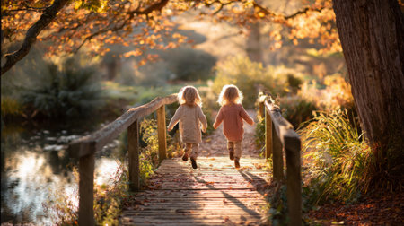 Two young children run joyfully across a wooden bridge, surrounded by vibrant autumn foliage and soft sunlight, showcasing a peaceful and picturesque outdoor moment.の素材
