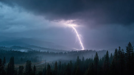 A powerful lightning bolt pierces a dark stormy sky over a serene forest landscape, capturing the beauty and intensity of nature during a tranquil dusk atmosphere.の素材