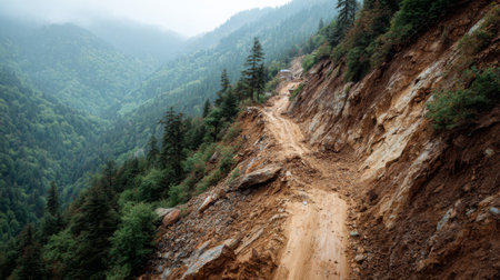 A remote mountain road shows signs of a landslide, with muddy debris scattered across a dirt path. Lush greenery and misty hills create a serene natural landscape.の素材