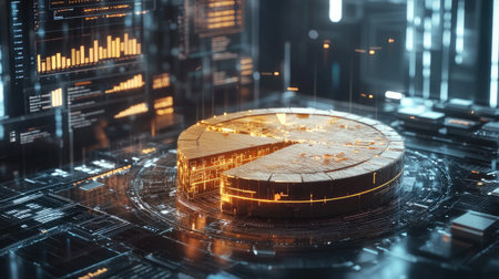 A glossy 3D pie chart with detailed texture on each segment, floating in a digital interface with futuristic icons and analytics hovering in the background.の素材
