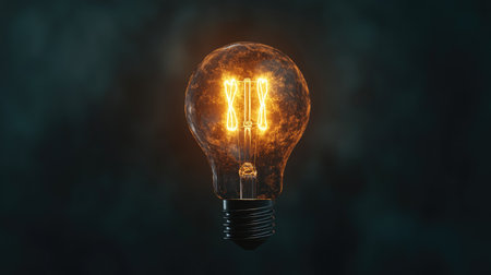 A light bulb turning on in slow motion, with the filament glowing to life, surrounded by a dark background, representing the moment of inspiration.の素材