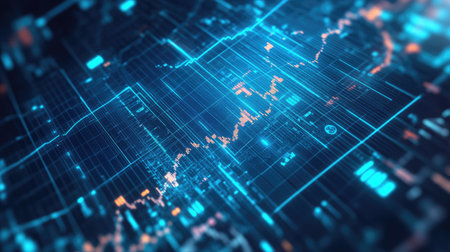 A glowing blue line chart with sharp upward trends, overlaid with stock market data points and percentage growth symbols, on a digital interface with real-time updates.の素材