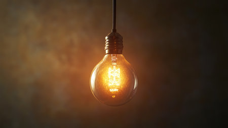 A glowing light bulb hanging from a simple black cord, with warm light illuminating the surroundings, symbolizing creativity and inspiration in a minimalist setting.の素材