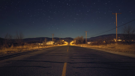 A long exposure shot of a deserted road at night, with starry skies above and soft light from street lamps casting a warm glow on the pavement.の素材