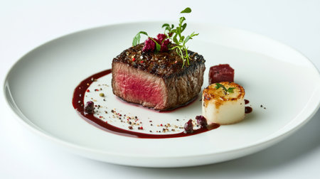 A gourmet steak dish beautifully arranged on a white plate, with artistic garnishes and a splash of sauce, showcasing culinary elegance against a plain background.の素材