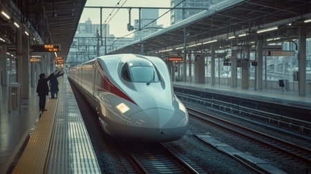 A dynamic shot of a high-speed train departing from a station, with passengers waving goodbye, capturing the excitement of travel.の素材