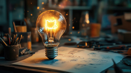 A light bulb illuminating a workspace, with tools, sketches, and creative materials around, symbolizing the birth of new ideas in a creative environment.の素材