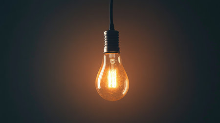 A glowing light bulb hanging from a simple black cord, with warm light illuminating the surroundings, symbolizing creativity and inspiration in a minimalist setting.の素材