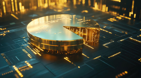A futuristic 3D gold pie chart with sleek metallic segments floating against a digital interface, representing global gold reserves and investments.の素材