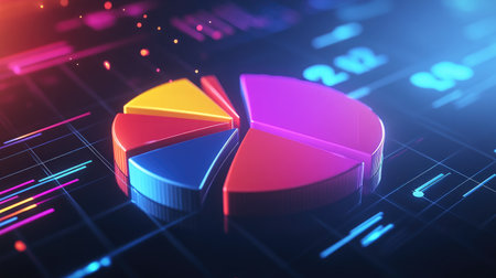 A dynamic 3D pie chart with segments of varying widths, rotating slightly to show depth, surrounded by floating percentage values in a futuristic design.の素材
