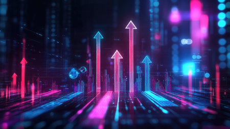 A dynamic 3D bar graph with arrows pointing upward, surrounded by digital icons and glowing data points, symbolizing success and performance improvement.の素材