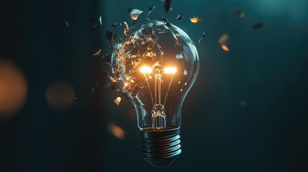 A light bulb shattered mid-air, with glowing fragments scattering, representing the concept of breaking ideas or transforming old thoughts into something new.の素材