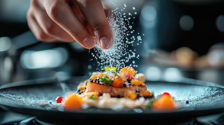 A dynamic shot of a gourmet dish being garnished with flaky sea salt, adding a finishing touch to a beautifully plated meal.の素材