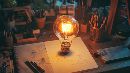 A light bulb illuminating a workspace, with tools, sketches, and creative materials around, symbolizing the birth of new ideas in a creative environment.の素材