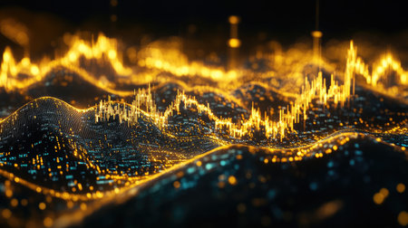 A gold line chart with peaks and valleys, overlaid with real-time financial data and stock numbers, symbolizing the movement of the gold market.の素材