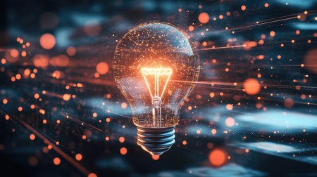 A futuristic LED light bulb hovering in mid-air, with digital lines and glowing particles surrounding it, representing smart technology and innovation.の素材