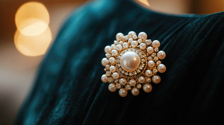 A luxurious pearl brooch pinned to a velvet evening dress, the pearls shimmering gently under warm lighting, highlighting their natural beauty and timeless charm.の素材