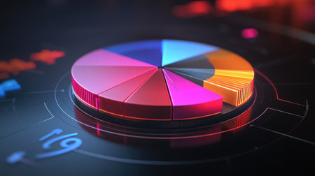 A dynamic 3D pie chart with segments of varying widths, rotating slightly to show depth, surrounded by floating percentage values in a futuristic design.の素材
