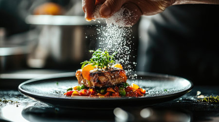 A dynamic shot of a gourmet dish being garnished with flaky sea salt, adding a finishing touch to a beautifully plated meal.の素材