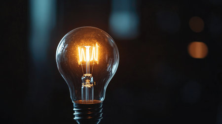 A light bulb turning on in slow motion, with the filament glowing to life, surrounded by a dark background, representing the moment of inspiration.の素材