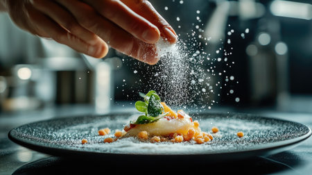 A dynamic shot of a gourmet dish being garnished with flaky sea salt, adding a finishing touch to a beautifully plated meal.の素材