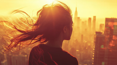 A dramatic shot of a woman flipping her hair, with strands catching the light, conveying movement and energy, set against a striking cityscape.の素材