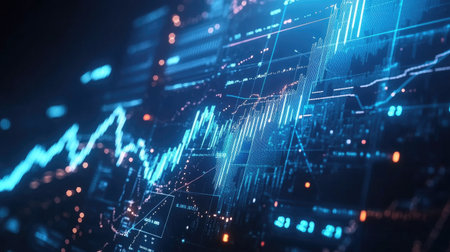 A glowing blue line chart with sharp upward trends, overlaid with stock market data points and percentage growth symbols, on a digital interface with real-time updates.の素材
