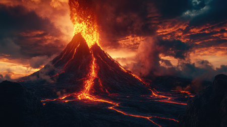 A dramatic shot of a volcano erupting, with lava flowing down its sides and ash clouds billowing into the sky, capturing the raw power of nature.の素材