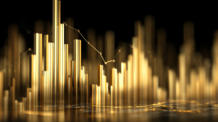 This image showcases an abstract financial data visualization featuring golden bars and fluctuating lines. Perfect for illustrating trends in financial markets, investment strategies, and data analysis.の素材