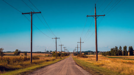 A peaceful gravel road stretches into the horizon, flanked by wooden telephone poles under a bright blue sky, revealing a serene and scenic rural landscape.の素材