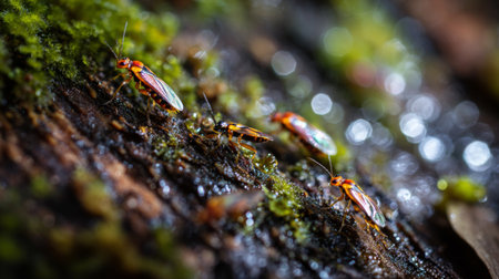 A captivating close-up shot of colorful insects navigating a moist log adorned with vibrant green moss, showcasing the beauty of life in a serene forest environment.の素材