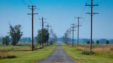 A tranquil country road stretches into the distance, flanked by telephone poles against a clear blue sky. This image evokes peace and the beauty of rural landscapes.の素材