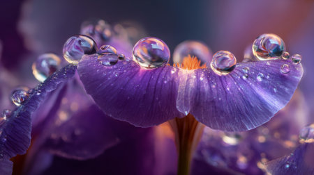 This striking macro photograph features vibrant purple flower petals adorned with glistening dewdrops, capturing the essence of nature's beauty and detail.の素材