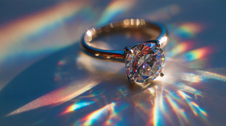 A stunning diamond engagement ring captures the light beautifully, creating sparkling reflections. Perfect for romantic moments or as a luxurious jewelry gift.の素材