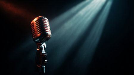A striking vintage microphone stands alone in a shadowy setting, illuminated by shafts of light. Perfect for concepts related to music, performances, and vocal artistry.の素材